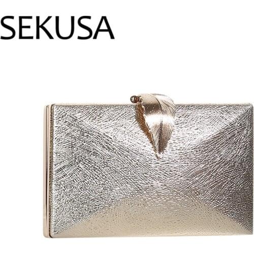 SEKUSA Fashion PU women evening bags with metal leaf day clutch chain shoulder party small purse bags