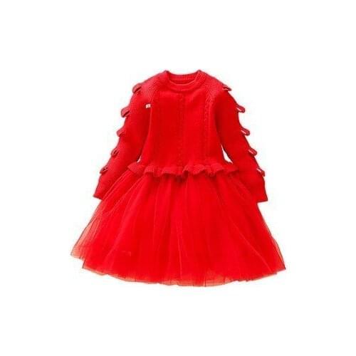 Autumn Winter Girl Dress Fashin Knitted Sweaters Mesh Tutu Princess Dress Ruffle Long Sleeve Solid Baby Girls Clothing 3-7 Years