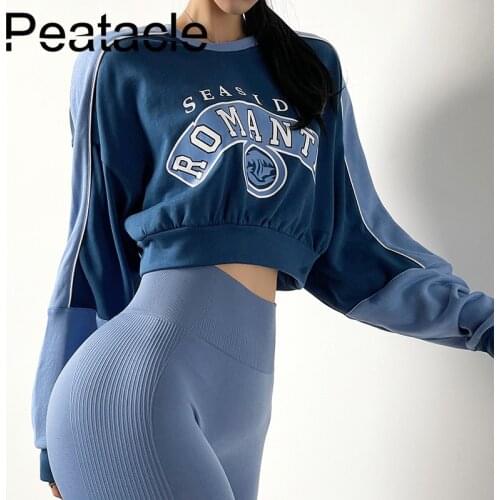Peatacle Letters Sports Top Women Loose Long Sleeve Sweater Running Blouse