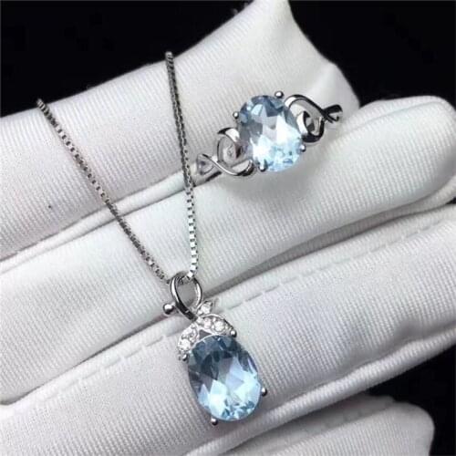 Fine Jewelry Sets For Women Solid 925 Silver Topaz Blue Oval Natural Gemstone Ring Necklaces Pendants Bridal Wedding CCS003-1