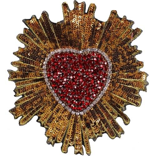 10pieces Beaded Red Gold Crystal Heart Fabric Patches Sequin Paillette Applique Badges Craft Sewing Supplies TH784