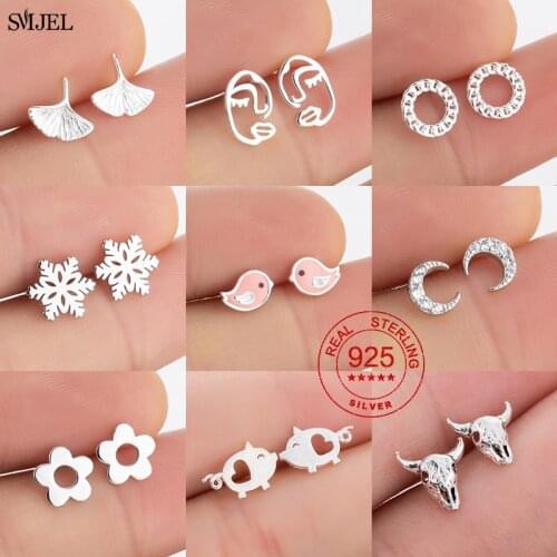 100% 925 Sterling Silver Mini Earrings for Women Kids Jewelry Leaves Moon Pig Bird Stud Earrings For Girl Jewelry Party Earings