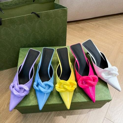 2021 Summer Women Slipper Fashion Candy Colors Chain Ladies Slip On Mules Shoes Thin Low Heel Pointed Toe Slides Flip Flop Woman
