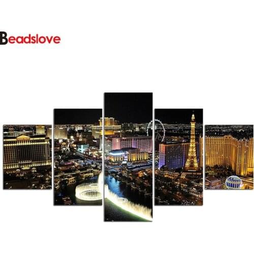 5pcs 3d diamond embroidery mosaic Landscape Pictures Las Vegas Night Cityscape diamond painting mazayka Multi Panel