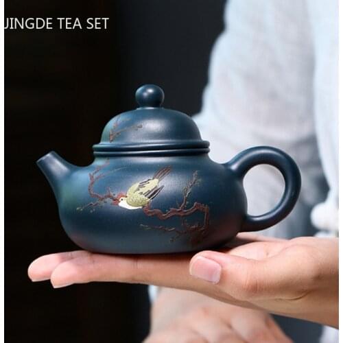 Boutique Yixing Purple Clay Teapots Raw Ore Azure Mud Filter Tea Pot Hand Painted Flowers and Birds Kettle Home Drinkware 190ml