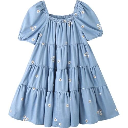Summer Girls' Dress Square Collar Flower Simple Short Sleeve Sweet Princess Dress Korean Style Baby Kids ChildrenS Clothing