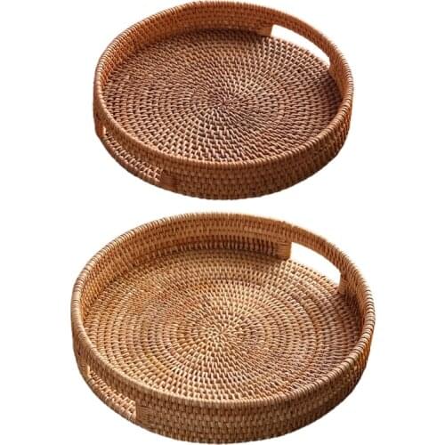 Rattan Snack Storage Tray with Handle Round Basket Hand Woven Home Decor Bread Fruit Food Display Kitchen Dining Room Organizer
