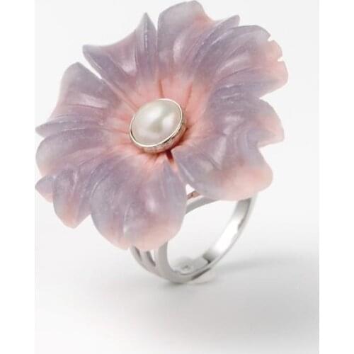 MIQIAO Aventurine Quartz Ross Quartzite Pearl Natural Stone Ring Adjustable Big Flower 925 Sterling Silver Jewellery Women 2020