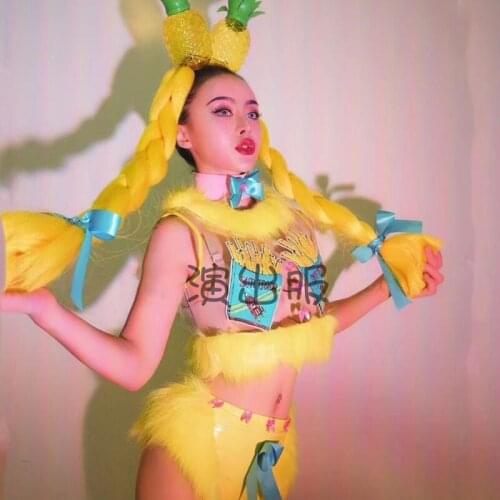 Nightclub Female Singer Stage Costume Fruit Party Gogo Dancer Pineapple Cosplay Yellow Bikini Women Pole Dancing Clothes DWY4902