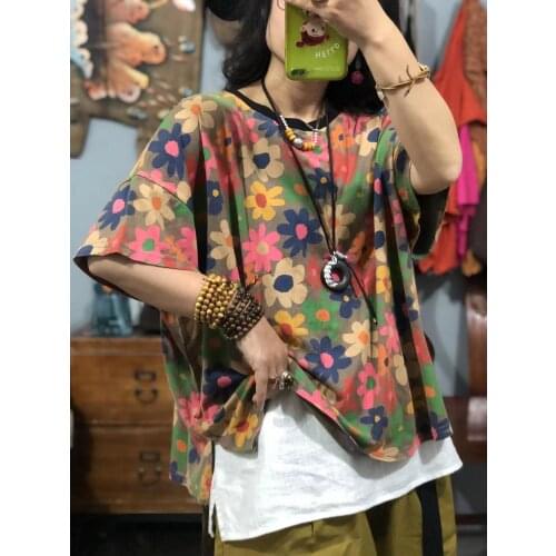 New Women Tshirts Sumemr High Street Floral Loose O-Neck Colalr Female Fashion Tees Cotton Wild