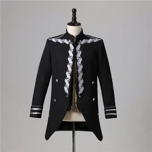 Retro Dance Costume for Male White Embroidered Court Suit Stage Singer Formal Occasion Jacket Vintage Punk Blazer
