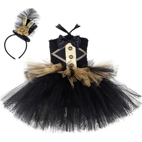Black and Gold Circus Ringmaster Tutu Dress Kids Greatest Showman Costumes Girls Halloween Carnival Birthday Party Dress 1-14Y