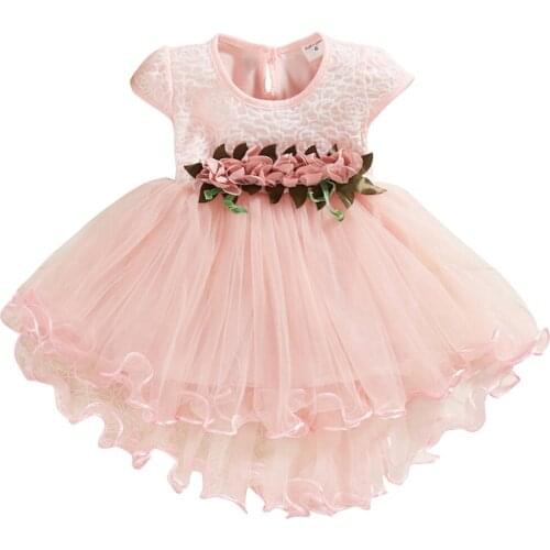 Toddler Girls Princess Dresses sleeve flower stitching frill mesh Floral Tulle princess dress Ruched Clothes dress L1211