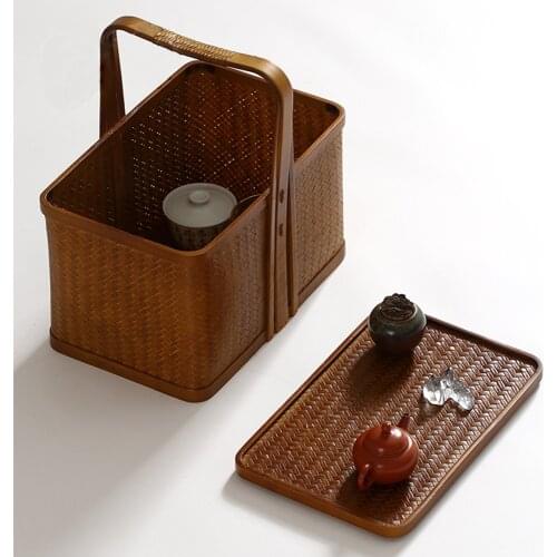 Outdoor Handmade Portable Bamboo Tea Set Storage Box For Teacup Teapot Candy Fruit Cake Dessert Retro Basket For Picnic Fishing