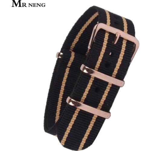 MR NENG Watch Band Rose Gold Buckle 18mm 20mm 22mm Black Beige Stripe belt Army Military Nato Fabric Nylon Watchbands Strap Band