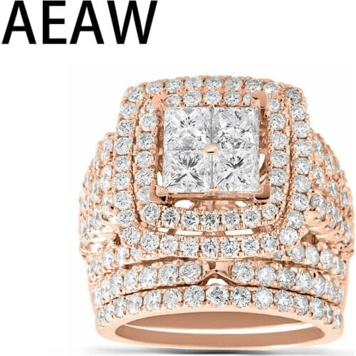 AEAW Sloid 14K Rose gold 4ctw CT Princess Cut DF Moissanite Halo Wedding Engagement Bridal Ring band