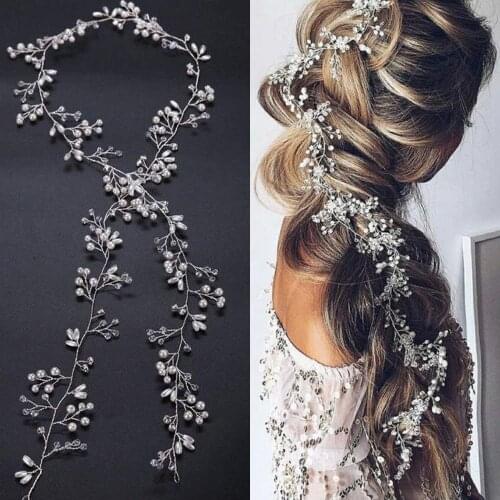 Silver Gold Wedding Hair Accessories Crystal Pearl Rhinestone Long Hair Vine Elegant Women Headband Jewelry Bridal Headwear Gift