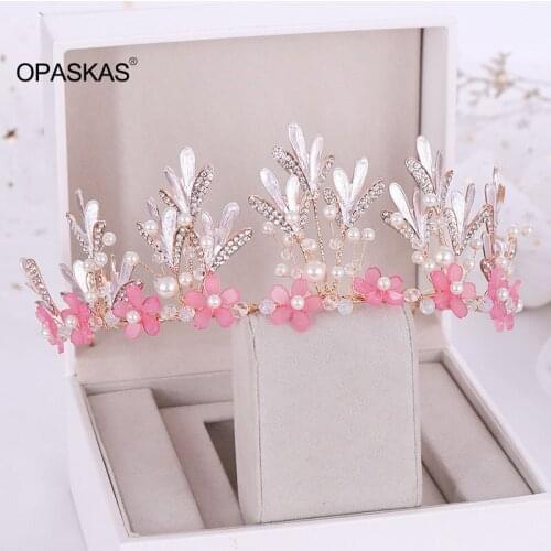 Handmade Sweet Pink Flower Tiara Crowns Branch Bridal Wedding Diadema Hair Tiaras Decoration Accessories VL