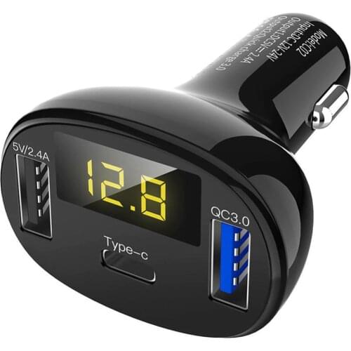 Universal 32W 5V 2.4A Type-C Car Charger Quick Charge 3.0 Dual USB Fast Charging For Phone Mobile Phone Voltmeter