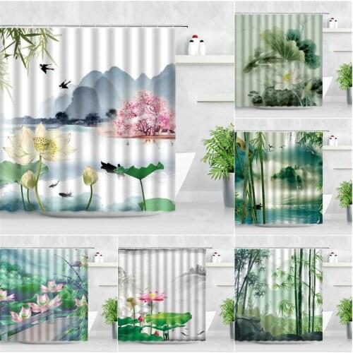 Chinese Style Shower Curtains Lotus Green Leaf Bamboo Landscape Ink Painting Waterproof Fabric Bathroom Decor Bath Curtain Set