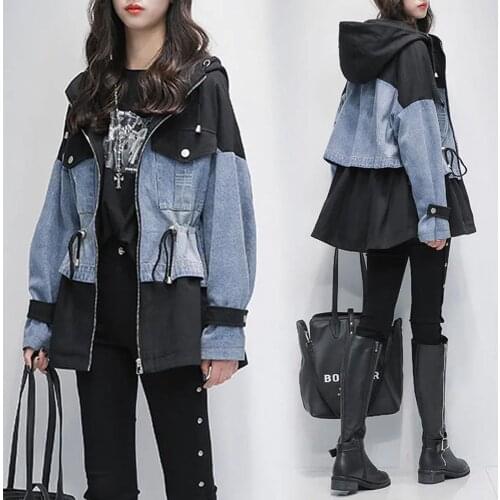 Windbreaker Denim Jacket Womens Mid-length Autumn Spring New Korean Loose Stitching Hooded Casual Women Jean Jackets Coat