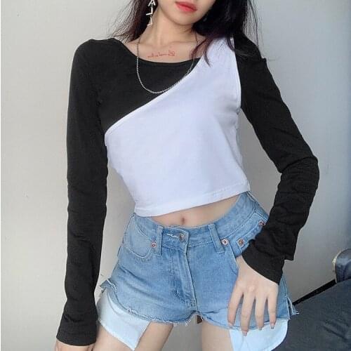 2021 Autumn Fashion New Hot Sale Splicing Color Contrast Slim Fit Fake Two Pieces Umbilicus Exposure Long Sleeves Women T-shirt