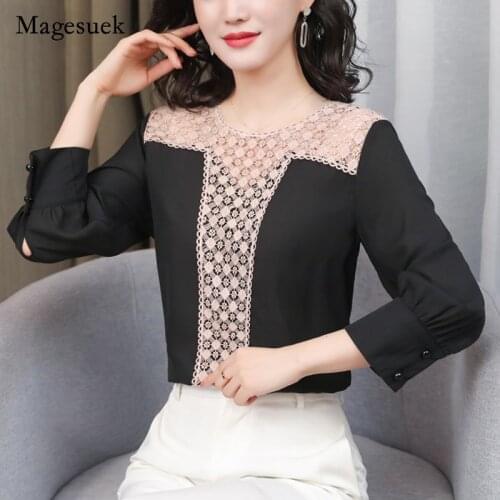 New Fashion Office Lady Plaid O Neck Women Blouse and Tops Hollow Out Chiffon Women Shirt Black Plus Size Female Clothing 13222