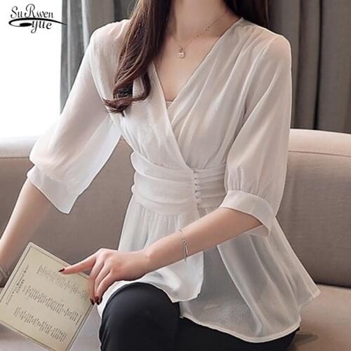 2021 Chiffon Womens Shirts Plus Size Cardigan Lady Tops Summer Korean V-neck Kimono Women Blouse Office Lady Short Sleeve 9207