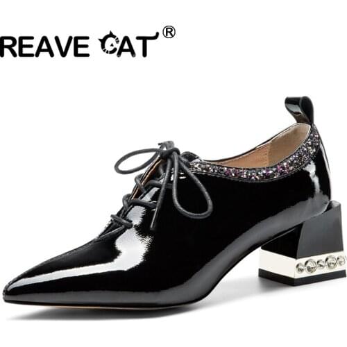 REAVE CAT Women New 2021 Pumps Pointed Toe 5.5cm Block Heels Genuine Leather Lace-Up Patchwork Bling Stylish Big Size 48 A3670