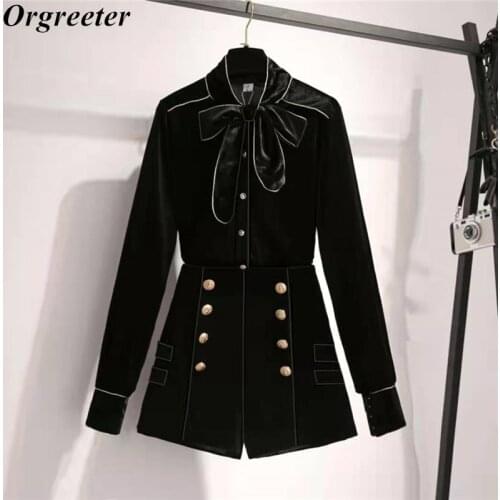 Autumn New Golden velvet Shorts Suits Ladies Two piece set Bow lace up collar Shirts and Double-breasted High waist Shorts Suits