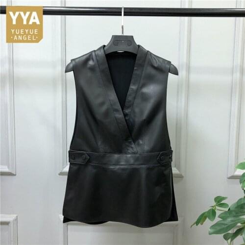 2020 New Design V Neck 100% Real Leather Vest Top Women Slim Fit Genuine Leather Sleeveless Jacket Ladies Casual Waistcoat Vests