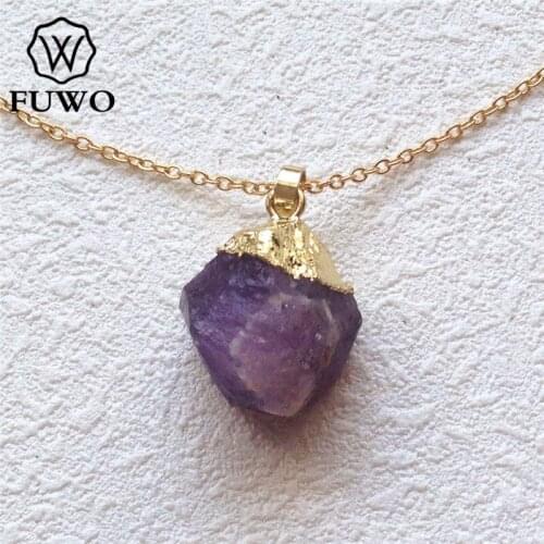 FUWO Hand-Knapped Irregular Quartz Stone Necklace With 24K Gold Filled Genuine Pink Quartz Amethysts Agates Boho Necklace NC056