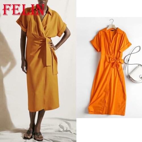 Women Chic Orange V Neck Sashes Midi Pleated Dress Za 2021 Short Sleeve Summer Elegant Party Dress Stylish Vintage Vestidos