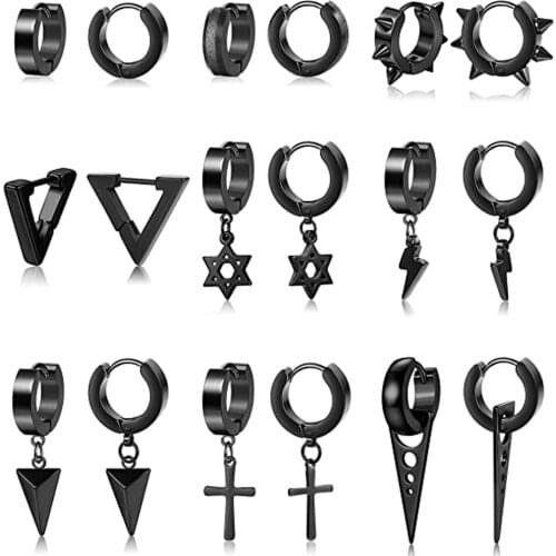 1 Pairs Stainless Steel Punk Hoop Earrings for Men Women Small Black Kpop Huggie Triangle Cross Hinged Dangle Earring
