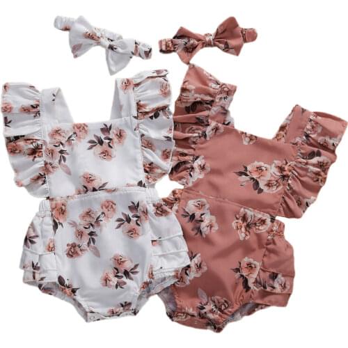2021 New Fashion Baby Summer Clothing Newborn Infant Baby Girl Floral Romper Sleeveless Ruffled Bodysuits With Headband Jumpsuit