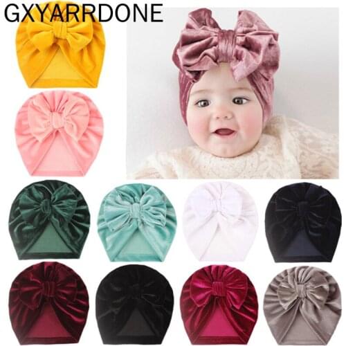 2021 Solid Velour Baby Beanies Bowknot Stretch Turban Knot Head Wrap Velvet Hat India Cap Newborn Hair Accessories Bandana