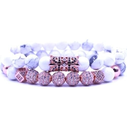 8mm 2PCS/Set rose gold xg3 elastic adjusted nature white Howlite bead micro pave cz zircon cubic zirconia tube Bracelet