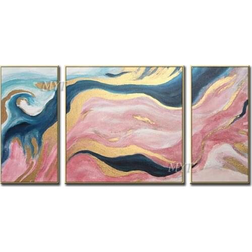 Abstract Oil Paintings Blue Gold And Pink Like Flowing Rivers Of Color Handpainted Wall Art Home Decor Picture Modern On Canvas