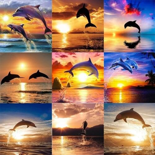 5D DIY Diamond Painting Dolphin Sunset Full Drill Diamond Embroidery Cross Stitch Rhinestones Mosaic Handmade Decoration Gift