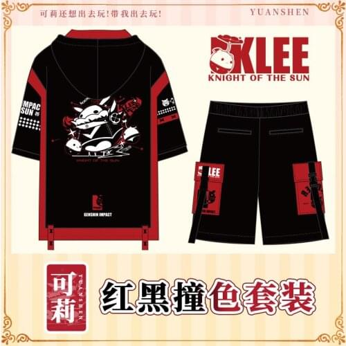 STOCK Anime Genshin Impact Klee Cosplay Costumes Hooded Short Sleeve T-shirt Shorts Set 2021 New
