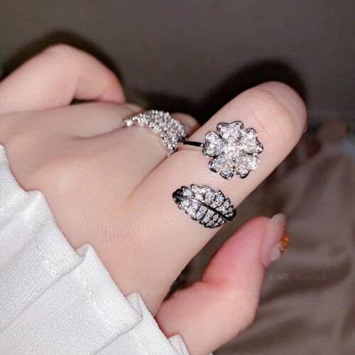 Bling Single Clover Flower Opening Adjustable 925 Sterling Silver Leaf Micro Inlay Zircon Rings for Women Female Wedding Finger