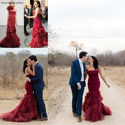 Burgundy Mermaid Wedding Dresses Wine Red Strapless Backless Long Bridal Party Gowns