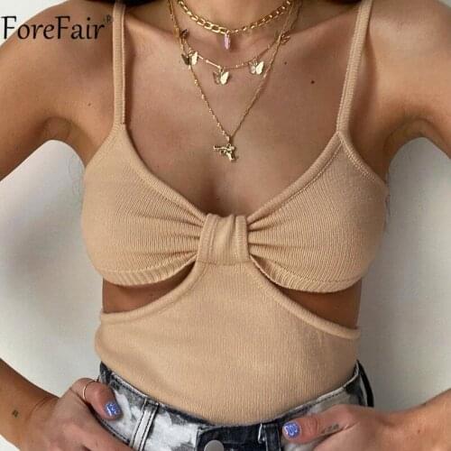 Forefair V Neck Khaki Corset Crop Top Women Sexy Sleeveless Backless Spaghetti Strap Hollow Out Black Tank Tops Summer 2021