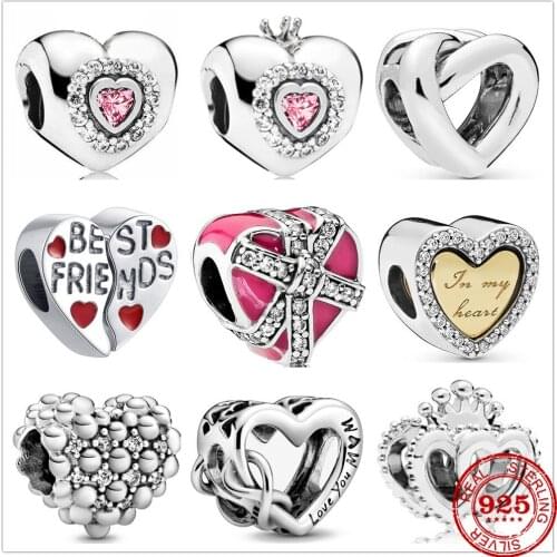 Hot Sale 100% Real 925 Sterling Silver Charm Heart Crown Fit Original Pandora Bracelet Making Fashion DIY Jewelry For Women