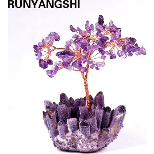 1PC Crystal Tree Amethyst Quartz Purple Crystal cluster Cluster Base Bonsai Lucky Money Tree Sculpture Home office Decoratio