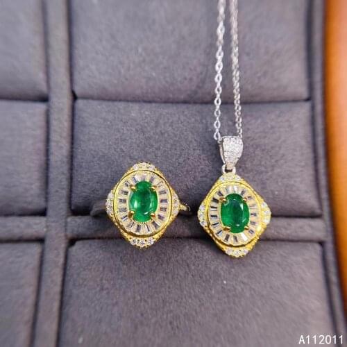 KJJEAXCMY Fine Jewelry 925 sterling silver inlaid natural Emerald luxury women new ring pendant set Support test