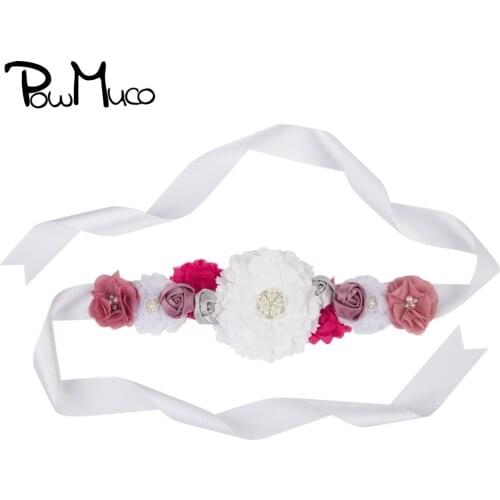 Powmuco Lovely Handmade Flowers Maternity Sash and Brooch Set Shining Pearls Rhinestone Floral Women Belts DIY Party Decoration