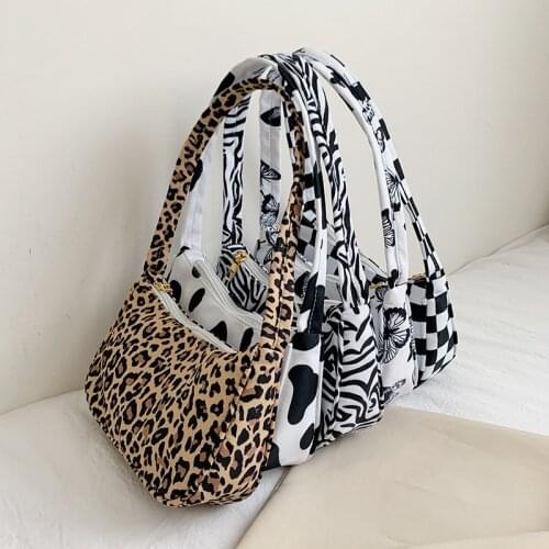 Fashion Animal Pattern Print Nylon Casual Shoulder Bag Women Retro Plaid Leopard Underarm Bag All-match Shopper Purses Female