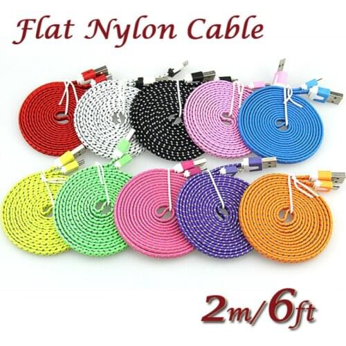 Braided Wire noodle flat Micro USB Cable 2M 6ft Sync Nylon Woven V8 Charger cable for Samsung Galaxy S7 S6 S5 S4 100pcs/lot
