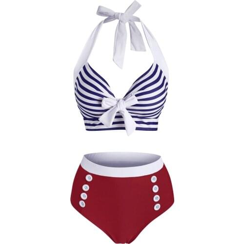 Wipalo Striped Halter Button Embellished Tied Tankini Sets Wire Free Swimwear Women Summer High Waist Bathing Suit Biquini 2XL